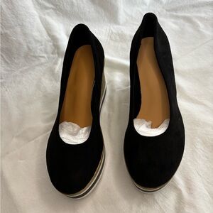 Black Suede Wedge Pumps Gold Braided Espadrille Heel Platform Size 7.5-8